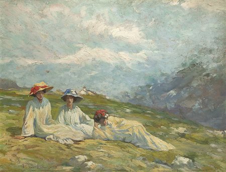 Firma indecifrata "Pensieri" olio su cartone (cm 30x40) Firmato e datato in...