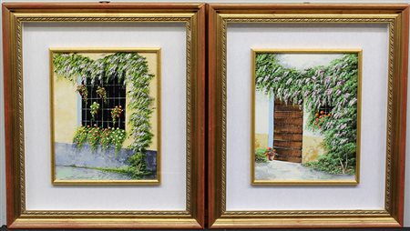 Lotto di quattro dipinti raffiguranti un vaso con fiori e scorci fioriti,...