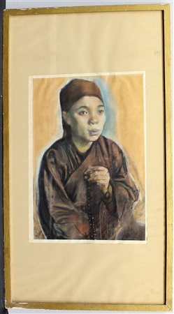 Firma indecifrata "Figura orientale" pastelli su carta (cm 54x36) Firmato in...