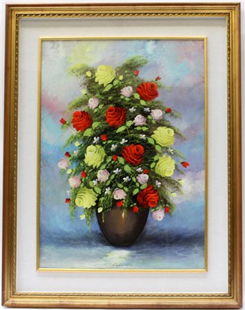 Lotto di tre dipinti raffiguranti un vaso con fiori, un cascinale e un nudo...