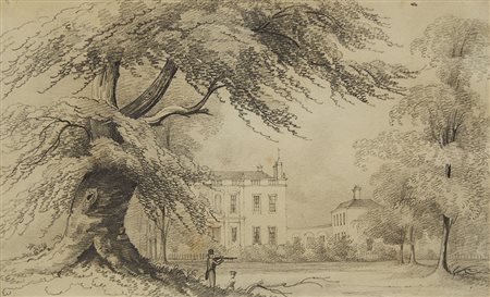 Artista del secolo XIX "Paesaggio con cacciatore" matita su carta applicata...