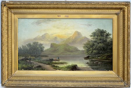 Scuola del sec. XIX "Paesaggio lacustre con imbarcazione e figure" olio su...