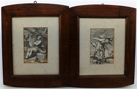 Coppia di incisioni su rame raffiguranti "La morte di re Seul" e "San Pietro"...