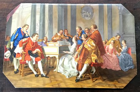 Firma indecifrata 'Scena d'interno con concerto' placca in porcellana,...