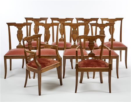 Melchiorre Bega (Crevalcore 1898 - Milano 1976)(Attribuito)Otto sedie e due...