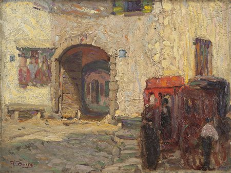 Roberto Borsa (Milano 1880 - 1965)"Scorcio con carrozze" olio su cartone (cm...