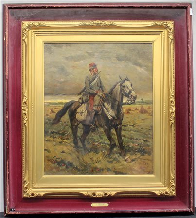 F. Mancini "Soldato a cavallo" olio su tela (cm 46x38) Reca firma in basso a...