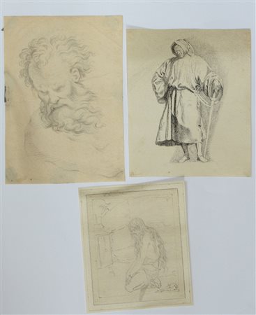 Gruppo di tre disegni:Artista del secolo XVIII, "Studio di testa virile con...