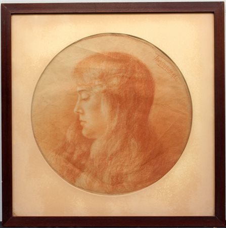 Artista del secolo XX "Profilo di donna" matita rossa su carta in tondo In...