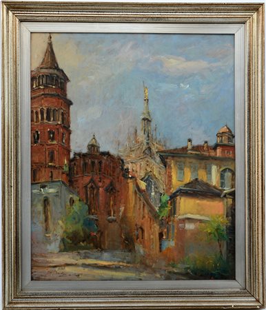Barbieri Gio " Scorcio di Milano con Duomo sullo sfondo"1980, olio su tavola...