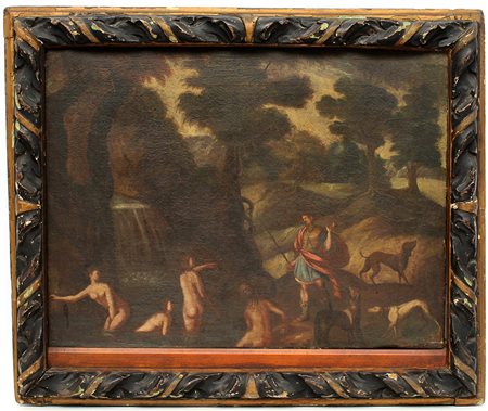 Scuola del secolo XVII, "Diana e le ninfe sorprese da Atteone" olio su tela...