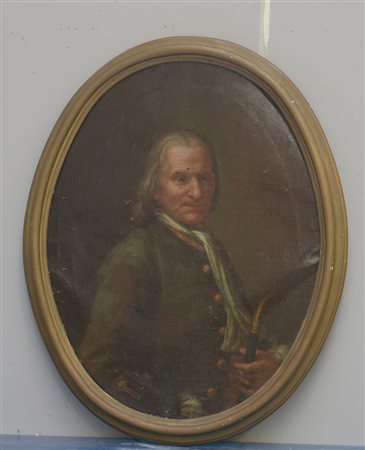 Scuola veneta del secolo XVIII "Ritratto di uomo con pipa" olio su tela ovale...