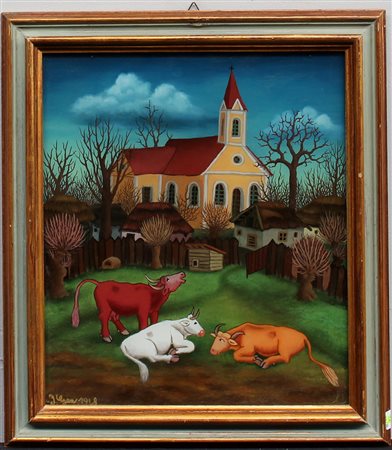 Ivan Generalic (Hlebine 1914 - Koprivnica 1992)"Paesaggio con mucche" olio su...