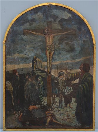 Ignoto "Cristo crocifisso" dipinto ad olio su tela cuspidata (cm 70x49)...