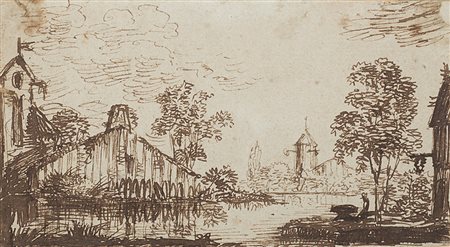 Artista del nord Europa dell'inizio del secolo XVIII "Paesaggio con fiume"...