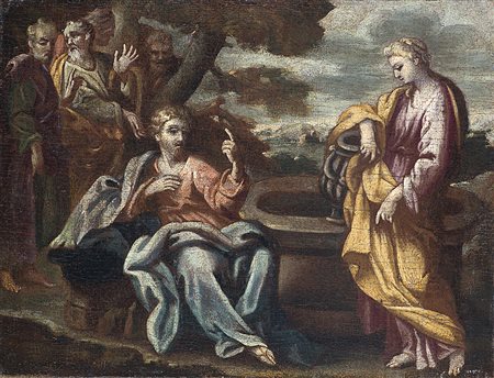 Scuola della fine del secolo XVII ''Cristo e Samaritana al pozzo'' olio su...