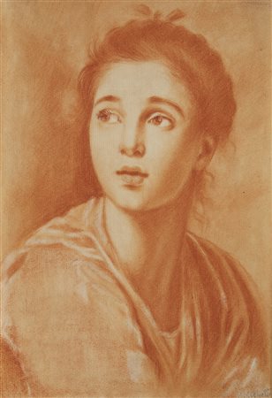 Artista del secolo XIX "Volto di fanciulla" matita rossa su carta applicata...