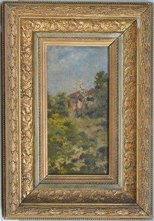 Ignoto "Paesaggio con casolare e contadina" olio su tavoletta (cm 30x15)...