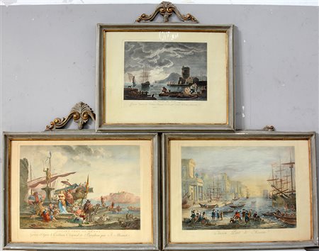 Coppia di incisioni a colori raffiguranti gli antichi porti di Genova e...