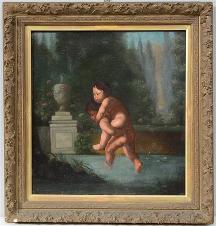 Ignoto, "Giochi di putti" olio su tela (cm 58,5x54,5). In cornice (difetti e...