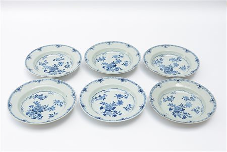 Sei piatti fondi in porcellana bianca e blu da esportazione (difetti)Cina,...