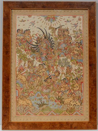 Pannello orientale inchiostro e colore su tela raffigurante scena con "Demoni...