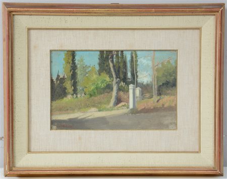 Firma indecifrata, "Paesaggio boschivo con cancello" olio su tela applicata...