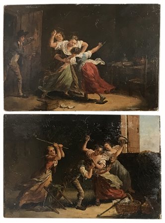 J. Smith Pinx "Liti di famiglia" 1807, coppia di dipinti ad olio su tavoletta...