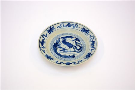 Piatto in ceramica con decorazioni blu, marchio sul fondo (difetti)Cina,...