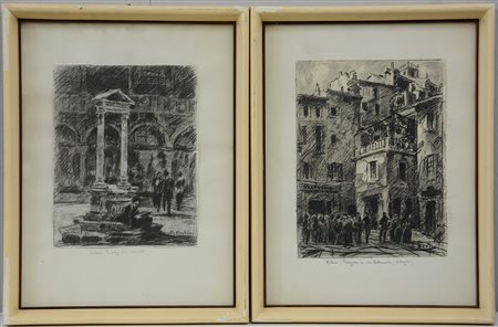 B. Bertini "Scorci di Milano" coppia di stampe monocrome (cm 32x24) in cornice