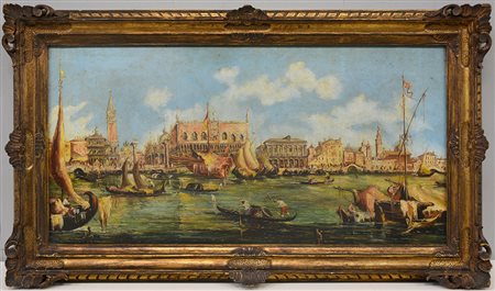 Ignoto secolo XX "Scorcio veneziano" olio su tela (cm 36x71) Siglato in basso...
