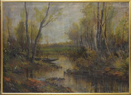 Anacleto Moiraghi (Binasco 1880 - Milano 1943)"Scorcio lacustre con barca"...