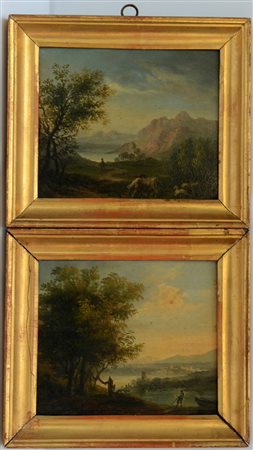Scuola del secolo XIX, "Paesaggi lacustri con figure" coppia di dipinti ad...
