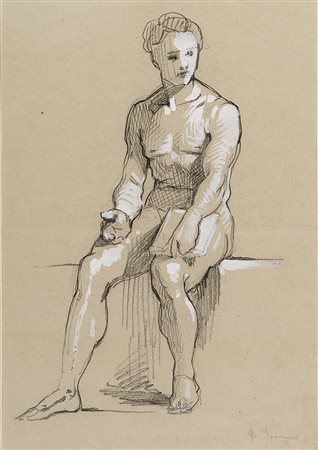 Artista del secolo XIX "Figura virile seduta" carboncino rialzato a biacca su...