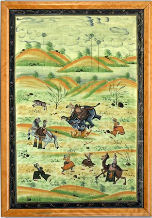 Dipinto su tessuto raffigurante scena di caccia alla tigre, in cornice (lievi...