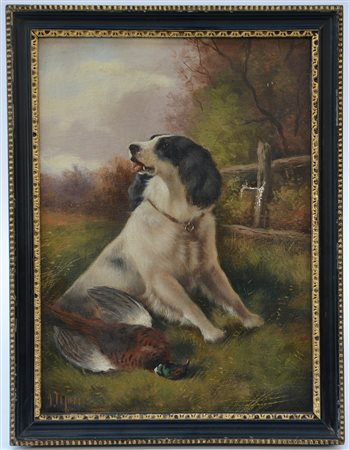 G. Morris "Cane e fagiano" olio su tela (cm 31x23) Firmato in basso a...