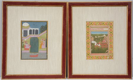 Due miniature a colori su carta raffiguranti scene di vita (gravi...