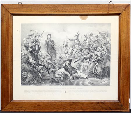 Litografia del secolo XIX, "Napoleon aux Pyramides" (cm 32,5x47,7). In...