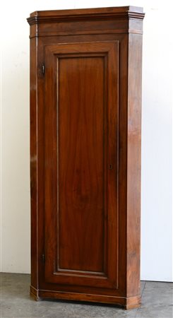 Angoliera lastronata in noce e radica di noce ad un anta riquadrata, secolo...