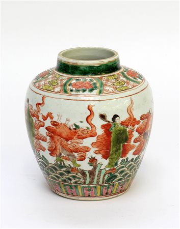 Potiche in porcellana Famiglia Verde decorata con gli Otto Immortali Taoisti...