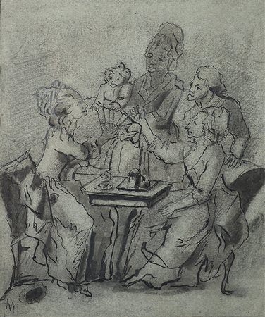 Scuola del secolo XIX "Scena d'interno" penna e inchiostro nero acquerellato...