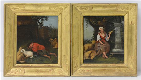 Scuola del sec. XIX "Pastorelli" Coppia di olii su cartone (cm 23x19) In...