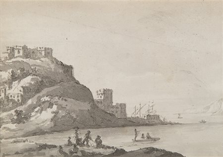 Scuola del secolo XVIII "Paesaggio costiero" acquerello su carta (mm 160x230)...