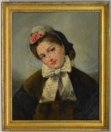 Scuola della seconda metà del XIX Secolo "Dama con veletta" olio su tela (cm...