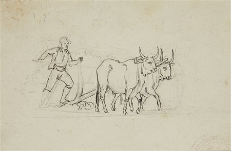 Artista del secolo XIX "Pastore con buoi" matita, penna e inchiostro nero...