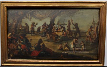 Ignoto "Festa all'aperto all'ora del tramonto" olio su tavola (cm 50x60) in...