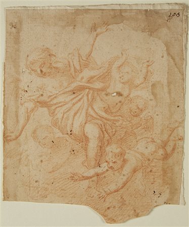 Artista del secolo XVIII "Diana con putti" matita rossa su carta applicata su...
