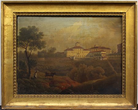 Scuola del secolo XIX "Contadina con mucca in un paesaggio" olio su tela (cm...