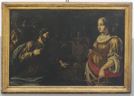 Scuola del secolo XVII "Cristo e la samaritana al pozzo" olio su tela (cm...