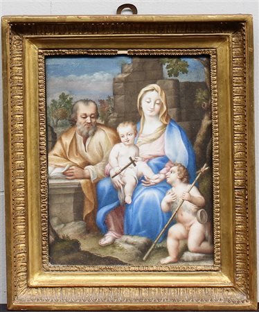 Scuola del secolo XIX "Sacra Famiglia con San Giovannino" tempera su carta...